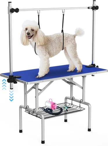 Vista 10 de Lyromix Mesa de Aseo para Perros Grande de 36'', Escritorio de Secado para Gatos Ajustable con Brazos, Lazos, Bandeja de Malla, Estación Plegable