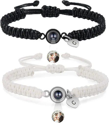 Vista 8 de Pulsera con inicial personalizada con imagen en el interior, cuerda de proyección de fotos personalizada para hombres y mujeres, regalo
