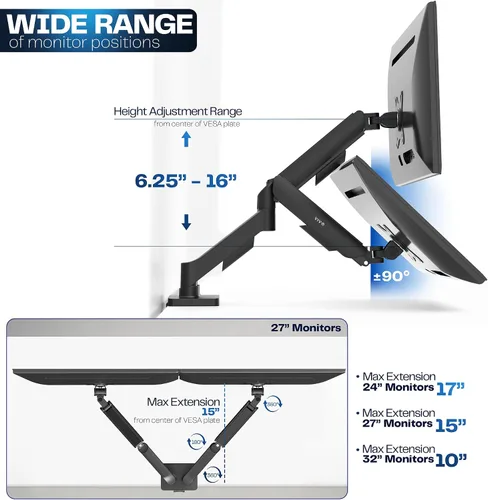 Vista 4 de VIVO Monitor dual de hasta 32 pulgadas y 19.8 libras por pantalla, soporte de escritorio con brazo neumático, contrapeso articulado, soporte VESA