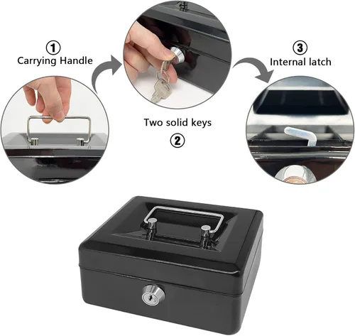 Vista 5 de Caja de efectivo de acero con cerradura de llave, organizador de dinero pequeño de metal con bandeja para dinero, caja de almacenamiento de efectivo