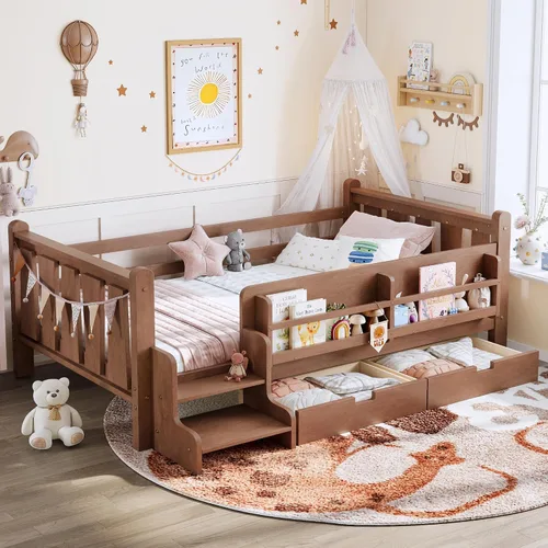 Vista 12 de Cama Montessori de tamaño matrimonial con estantería, cajones de Natural