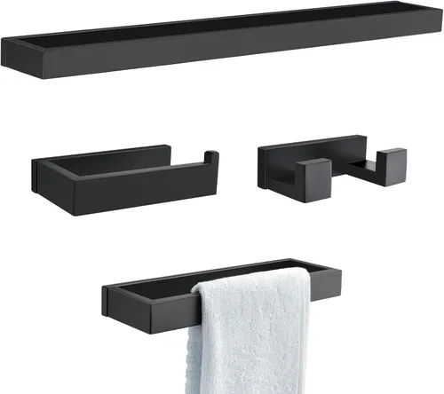 Vista 9 de Juego de 4 piezas de accesorios de hardware para baño, color negro, incluye toallero, soporte para toallas, gancho para bata, soporte para papel