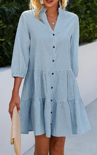 Vista 6 de CCTOO - Vestido de verano para mujer - Vestido camisero informal con cuello en V, manga 34y botones, estampado floral, suelto y fluido