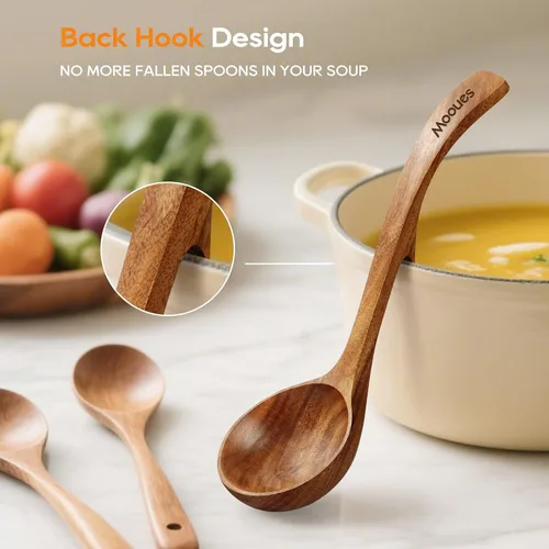 Vista 3 de Cucharón de madera para sopa, cucharón de madera de teca de 3 tamaños con ganchos traseros, cucharas de madera resistentes al calor para cocinar
