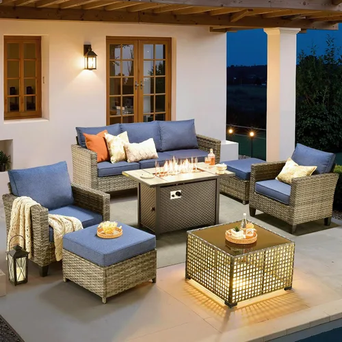 Vista 32 de ovios Juego de muebles de patio de 4 piezas con sofá de exterior, luces solares, mesa, cojines cómodos, sofá de conversación de mimbre de ratán