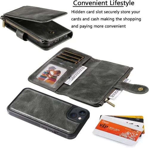 Vista 5 de Asuwish Funda de teléfono para iPhone 13 Mini de 5.4 pulgadas con cremallera, protector de pantalla de vidrio templado y tarjetero para celular