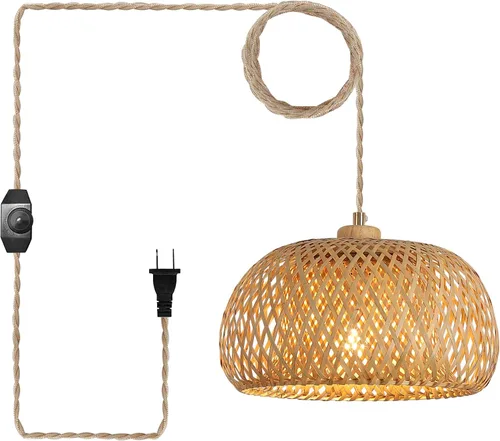 Vista 11 de Lámpara colgante de bambú con una sola luz, cesta bohemia ajustable, hecha a mano, tejida a mano, iluminación colgante para cocina, isla, fregadero