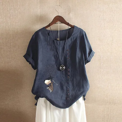 Vista 2 de Camisas de lino para mujer, blusas sueltas de lino para mujer, blusa de mezcla de algodón de manga corta para verano