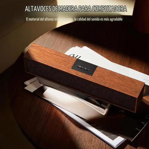 Vista 3 de Altavoces retro para computadora, barra de sonido de madera con Bluetooth 5.3 y conectividad USB, compatibilidad universal para PC, escritorio
