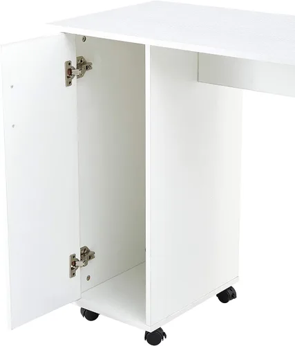 Vista 5 de Escritorio de manicura de uñas para técnico, estación de mesa de uñas de spa de salón de madera con gabinete, cajones, ruedas controlables (blanco)