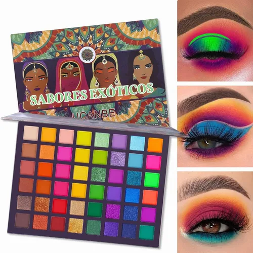Vista 6 de UCANBE EXOTIC FLAVORS - Paleta de sombra de ojos + 15 brochas de ojos, juego de maquillaje de 48 colores neón brillante mate, sombra de ojos Po.