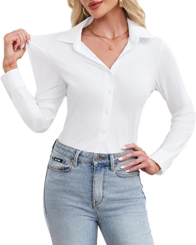 Vista 14 de siliteelon Camisa de manga larga con botones para mujer, estilo casual, para el trabajo, con elástico en 4 direcciones, sin arrugas