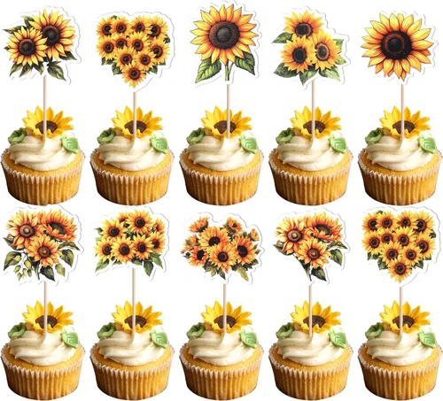 Vista 9 de 1 paquete de decoración de pastel de feliz cumpleaños con purpurina de girasol para pasteles, baby shower, niños, cumpleaños, verano, baby shower