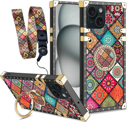 Vista 11 de nancheng Funda para iPhone 15, diseño de flor de mariposa azul, TPU suave, a prueba de golpes, con soporte de anillo y cordón a juego, elegante