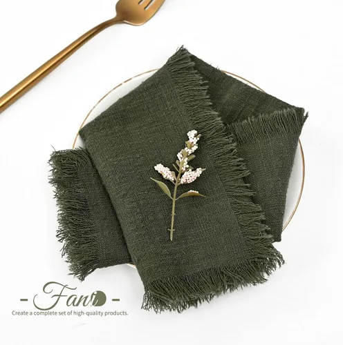 Vista 3 de Paquete de 60 servilletas de tela hechas a mano con flecos, servilletas de lino de algodón verde oliva, servilletas de cena de algodón rústico suave