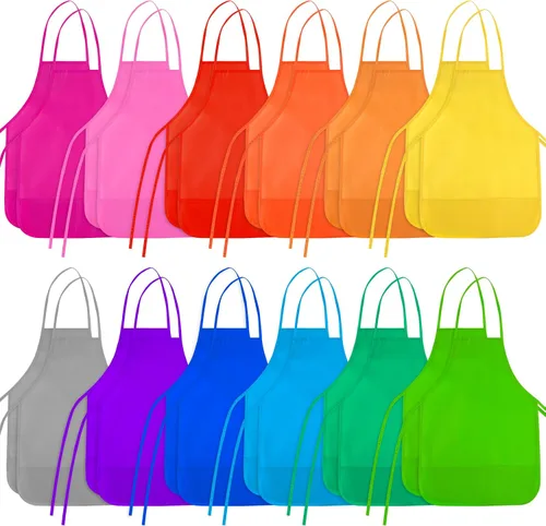 Vista 14 de 12 piezas de delantales para niños de color rojo rosa con 2 bolsillos amplios para arte, actividades de pintura, manualidades en la cocina Rosa Rojo