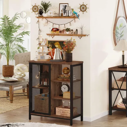 Vista 9 de BON AUGURE Mueble de bar de café rústico para el hogar, mesa consola rústica detrás del sofá, juego de muebles de madera y metal para sala de estar