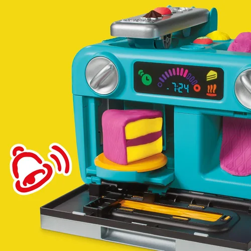 Vista 11 de Play-Doh Super Slice Cake Playset, horno de juguete con accesorios de cocina y 11 latas compuestas de modelado, artes y manualidades para niños, a