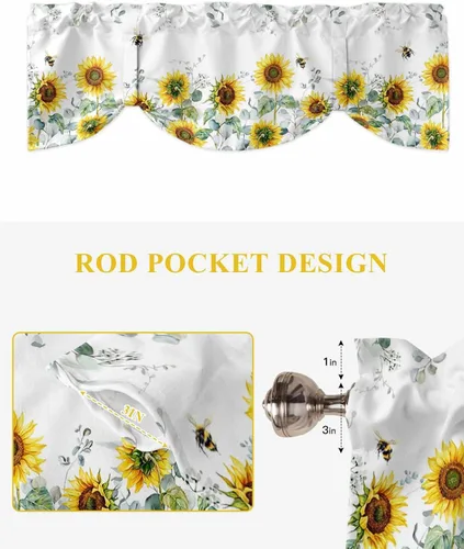 Vista 4 de Cortinas florales pequeñas para ventana de baño y cocina, 1 paquete de cortinas aislantes térmicas con lazos de 60 x 18 pulgadas, girasoles, abejas