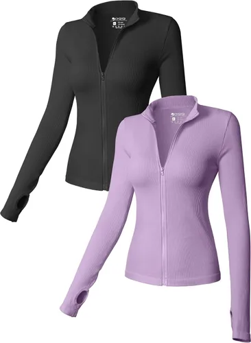 Vista 8 de OQQ - Camisetas de manga larga con cremallera frontal para mujer (2 piezas)