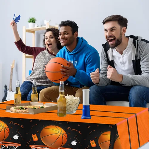 Vista 3 de CMUSKO Mantel de baloncesto, 3 piezas de decoración de cumpleaños de baloncesto, manteles rectangulares de plástico, manteles desechables