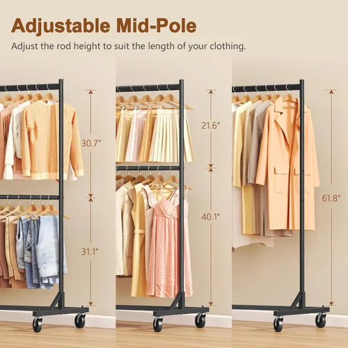 Vista 7 de Hoctieon Estante de doble barra Z, estantes de ropa rodantes con base en Z, perchero ajustable para ropa, perchero de pie para ropa de pie, perchero