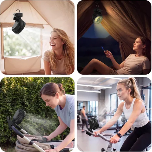 Vista 6 de Ventilador con clip, ventilador recargable de 65 horas de trabajo con luces Negro