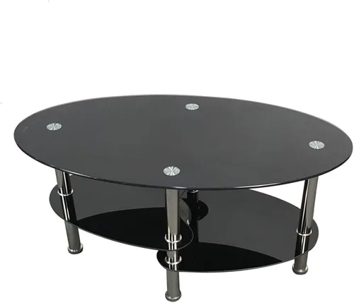 Vista 4 de Mesa de centro de cristal de 2 niveles, mesa de centro de vidrio templado, mesa central moderna rectangular mesa de té ovalada de vidrio con estante