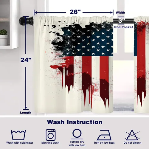 Vista 5 de Batmerry American Flag Ink Dot Blackout Tier Curtains, Red Blue White Stars Abstract Thermal Insulated Half Curtain Rod Pocket Small Valance for