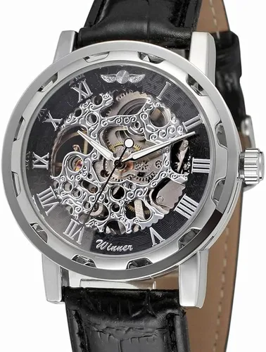 Vista 2 de Reloj de pulsera mecánico de moda para hombre y niño, esfera transparente con diseño de esqueleto, correa de cuero, reloj automático de cuerda