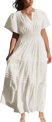 Vista 4 de Doshoop Vestido largo bohemio de verano para mujer, manga con volantes, cuello en V, fruncido, escalonado, escalonado, para playa, vestido largo