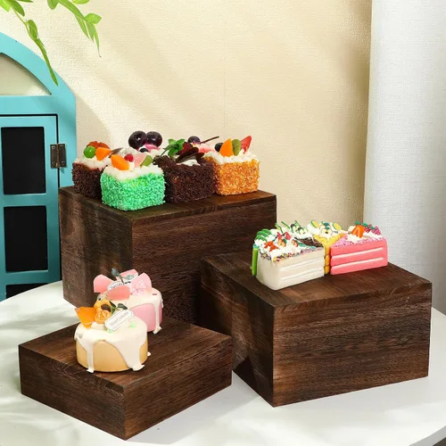 Vista 3 de Barydat 3 soportes de madera para tartas rústicas, apilables, cuadrados, para cupcakes, base para mesa de bufé, postre, comida, cumpleaños, boda