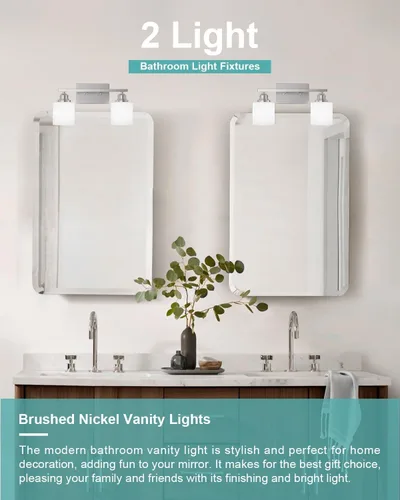 Vista 2 de Accesorios de iluminación de baño Sailstar de 2 luces, accesorios de iluminación de tocador de níquel cepillado, lámpara de tocador moderna