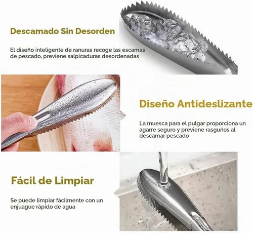 Vista 5 de Desincrustador de pescado de acero inoxidable para desincrustar peces sin ensuciar, resistente removedor de escamas de pescado, herramienta 1 Pieza