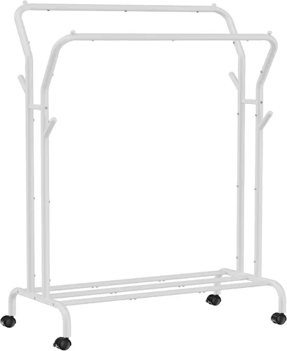 Vista 8 de SONGMICS Perchero de ropa de doble barra para colgar ropa con ruedas, perchero de ropa, marco de metal, 220 libras máx. carga total, 40.7 pulgadas