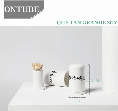 Vista 2 de ONTUBE Dispensador de palillos de dientes de cerámica con tapa, juego de 2, color blanco