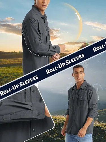Vista 4 de TACVASEN Camisa de pesca para hombre, camisa de manga larga de secado rápido, camisa táctica con botones, camisa de trabajo ligera safari