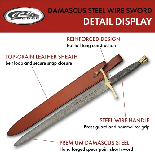 Vista 2 de SZCO Espada medieval de rey de 34.5 pulgadas, espada coleccionable de caballero con hoja de acero de Damasco, funda de cuero, protector de latón