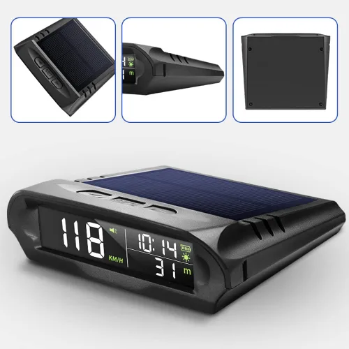Vista 5 de Velocímetro solar digital para coche con pantalla LCD, visualización de cabeza arriba, alarma de exceso de velocidad, pantalla de KMH/MPH