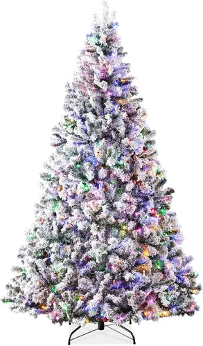 Vista 17 de Best Choice Products - Árbol de Navidad artificial preiluminado de 7.5 pies con nieve artificial, pino, 2-en-1 luces LED blancas y multicolor, Verde