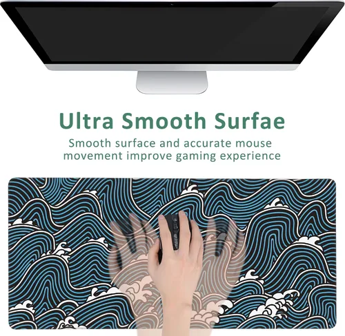 Vista 4 de Alfombrilla de mouse extendida para juegos, diseño abstracto de olas oceánicas, con bordes cosidos, base de goma antideslizante, alfombrilla