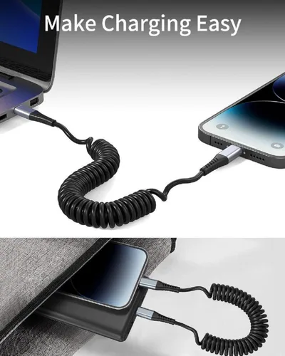 Vista 6 de Cable Lightning en espiral, paquete de 2 cables retráctiles para cargador de iPhone en el coche, cable USB a Lightning de carga rápida, compatible