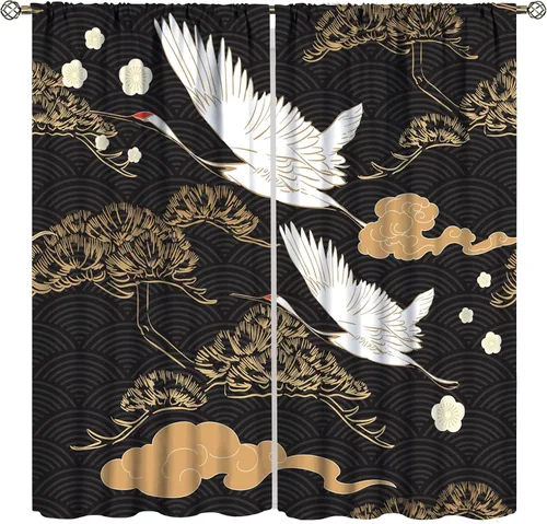 Vista 9 de Cortinas de estilo japonés, flor de cerezo, grúa de amanecer, estilo asiático, cortinas opacas para dormitorio, sala de estar, juego de 2 paneles