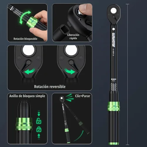 Vista 7 de Juego de llave dinamométrica, kit de 41 piezas con transmisión de 1/4, 3/8, 1/2, con zócalos y extensiones, precisión de ±3%, doble escala, acero
