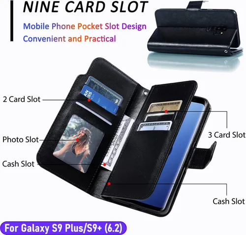Vista 2 de Funda tipo cartera para Galaxy S9 Plus/S9+ de 6.2 pulgadas [3+ ranuras para tarjetas] Funda de cuero de PU plegable para tarjetas de crédito