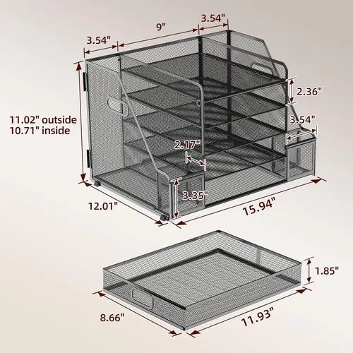 Vista 6 de DALTACK Organizador de escritorio negro moderno con bandeja de papel de 5 niveles, soporte para revistas, cajón y soportes para bolígrafos