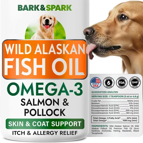 Vista 13 de BARK&SPARK Omega 3 para perros - 180 cápsulas blandas de aceite de pescado para la muda de pelo de perro, alergia cutánea, alivio de la picazón