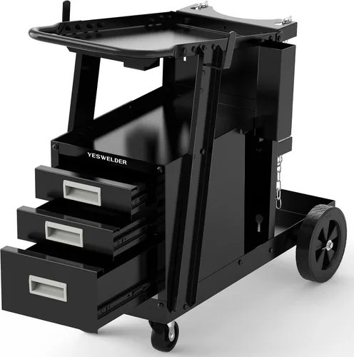 Vista 13 de YESWELDER Carro de Soldadura, de 2 Niveles con 2 Cajones para Soldador MIG, Soldador TIG y Cortador de Plasma, Almacenamiento de Tanques, Cadenas