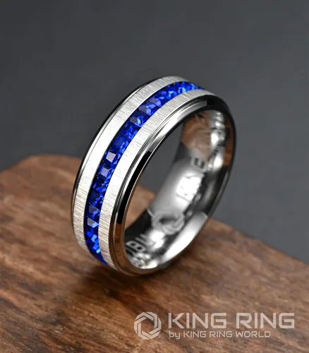 Vista 2 de King Ring 8mm Stone Line Rings Ver.2 Extra Polished Mens & Womens Bands with Glass Stones Designed in USA