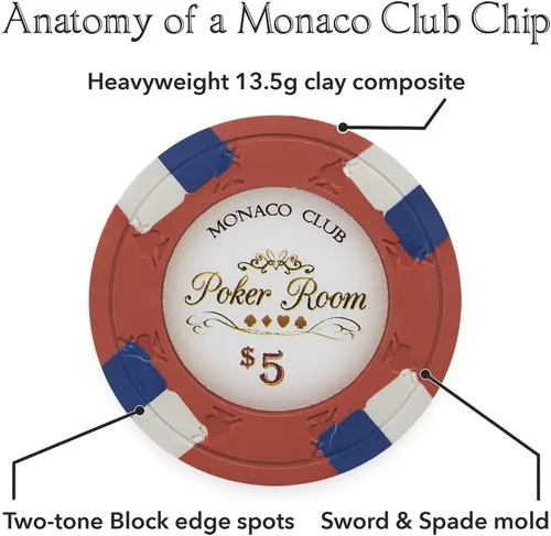 Vista 4 de Claysmith Gaming Paquete de 50 fichas de póquer Monaco Club, compuesto de arcilla pesada de 0.48 oz